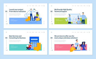 Obraz na płótnie Canvas Web page design templates collection of project development, business consulting, technical support, management. Vector illustration concepts for website and mobile website development. 
