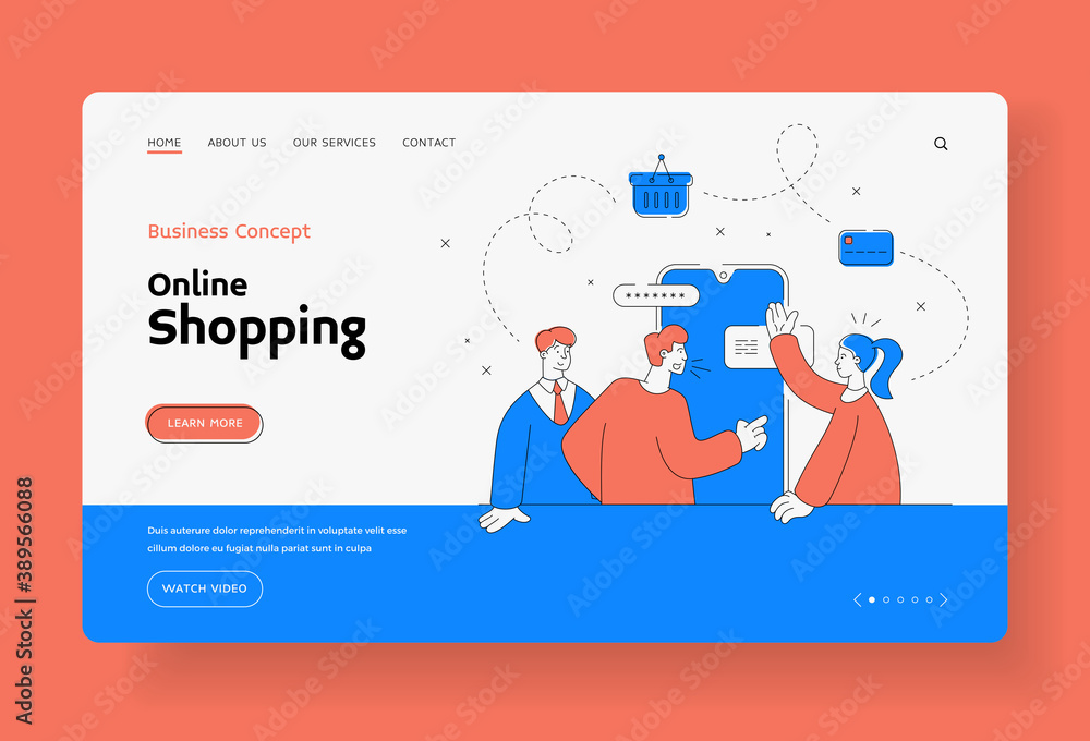 Poster online shopping business concept landing page banner. group of characters make web order.