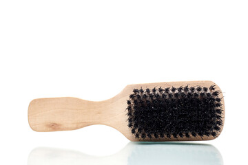 Wooden beard brush on white isolated background. Man care product