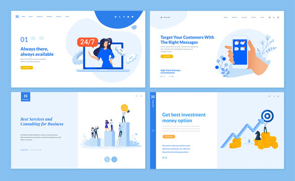 Web page design templates collection of online support, investment, business consulting, customer relations and communication. Vector illustration concepts for website and mobile website development. 