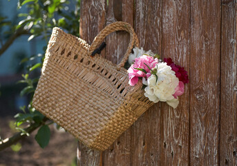 Fototapeta na wymiar Flowers of pink red and white peonies in wicker basket on wooden table against wooden background