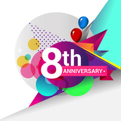 8th Years Anniversary logo with colorful geometric background, vector design template elements for your birthday celebration.