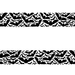
Bat. Silhouette. Seamless vector pattern. Isolated colorless background. Endless horizontal border. Flat style. Repeating ornament. Halloween symbol. Template for web design, printing, advertising.