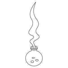 Witch's potion in a bubble. Sketch. Vector illustration. Coloring book for children. Outline on an isolated white background. The magic vapors come out of the bottle. The bubbles are flying up. 
