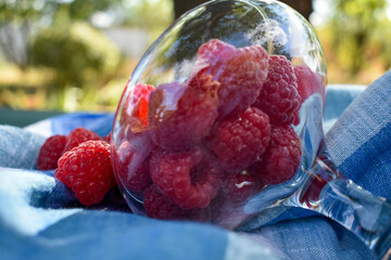 Scattered raspberries on a textured fabric from a glass bowl