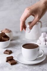 Hand putting marshmallow into hot chocolate cup.Traditional  winter beverage concept