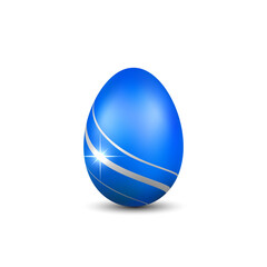Easter egg 3D icon. Blue silver egg, isolated white background. Bright realistic design, decoration for Happy Easter celebration. Holiday element. Shiny pattern. Spring symbol. Vector illustration