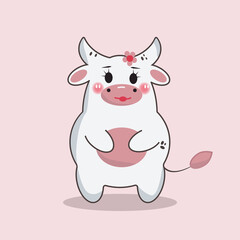 kawaii cow with a flower on its head, symbol of the year, white cartoon bull