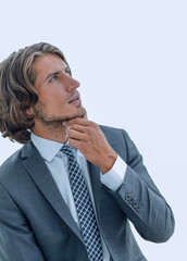 modern businessman with tablet looking at copy space