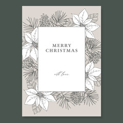 Merry Christmas, Happy New Year decorative vintage greeting card, invitation. Holiday frame of hand drawn pine tree branches and pine cones. Poinsettia elegant engraving illustration, winter design.