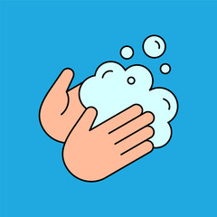 Washing hands with soap color icon. Palms with soap foam and bubbles. Wash your hands sign. Clean hands. Sanitize, disinfection and personal hygiene concept. Vector illustration, flat style, clip art.