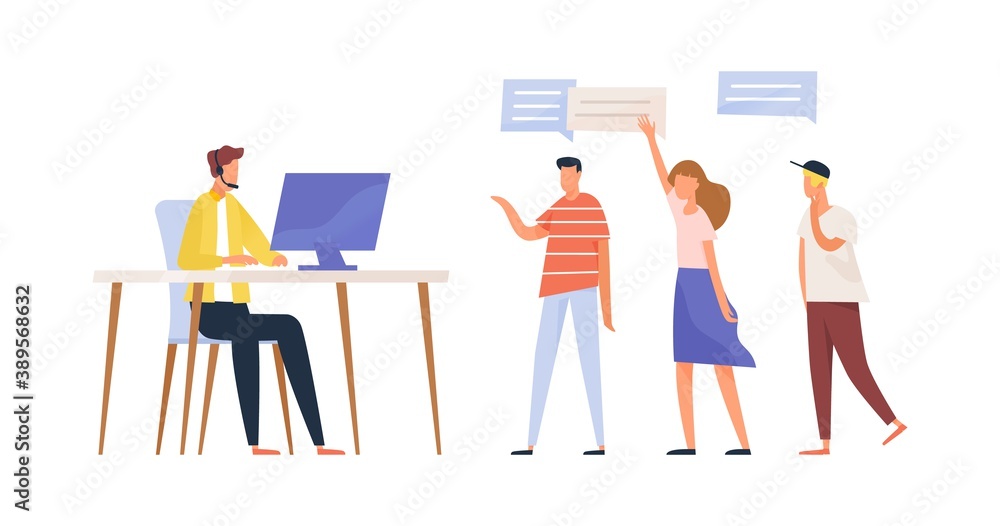 Poster Concept of call center service, questions processing. Group of people asking customer support specialist, smm manager. Man in headset sitting at desk. Vector illustration in flat cartoon style