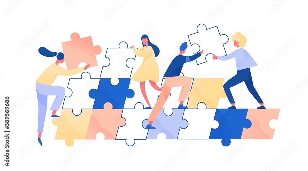 Poster people assembling giant jigsaw puzzle together. concept of teamwork and employee cooperation. collea