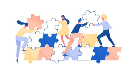 People assembling giant jigsaw puzzle together. Concept of teamwork and employee cooperation. Colleagues support and help. Team challenge. Flat vector cartoon illustration isolated on white - obrazy, fototapety, plakaty