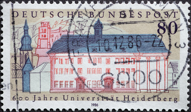 GERMANY - CIRCA 1986: a postage stamp from Germany, showing the old university building in front of part of the cityscape Text: 600 years of Heidelberg University