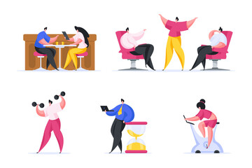 Set of cartoon people doing sports and communicating in society