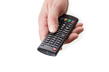 TV remote controller in man's hand on white background