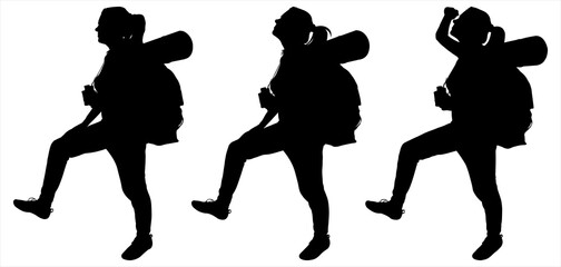 Tourist with a backpack on her back and a tourist rug. Girl with binoculars. Woman stands motionless, one leg raised. Looks up. Three black female silhouettes are isolated on a white background.