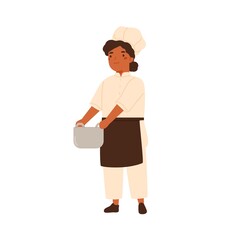 Adorable little chief cook portrait. Cute girl in professional uniform holding saucepan for soup. Child chef wearing apron and chefs hat. Flat vector cartoon illustration isolated on white background