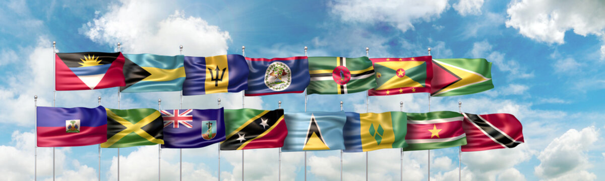 3D Illustration with national flags of the fifteen Caribbean countries which are full member states of The Caribbean Community (also known as CARICOM or CC)