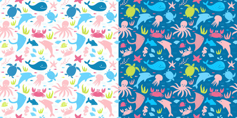 Kids style patterns with sea animals