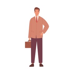 Modern stylish young man wearing formal suit, holding suitcase. Modern businessman with case. Portrait of smiling office worker. Flat vector cartoon illustration isolated on white background