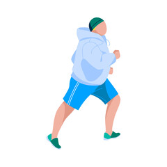 Overweight man jogging outdoors. Side view of guy in sportswear doing sports. Weight loss process, active healthy lifestyle concept flat vector illustration