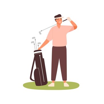 Young man in cap visor holding golf club case. Portrait of professional golfer sportsman. Male character playing outdoor sport game. Flat vector cartoon illustration isolated on white background