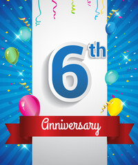 Celebrating 6th Anniversary logo, with confetti and balloons, red ribbon, Colorful Vector design template elements for your invitation card, flyer, banner and poster.