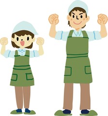エプロンと三角巾で頑張るポーズの人のイラスト