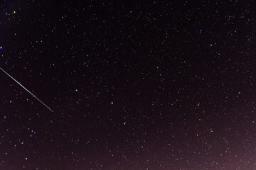 Background of the night sky with many stars. Satellite trajectory