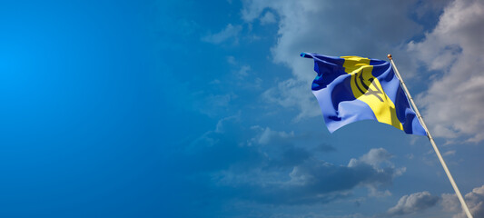 Beautiful national state flag of Barbados with blank space. Barbados flag on wide background with place for text 3D artwork.