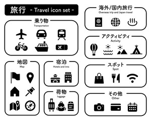 旅行、旅、トラベルのアイコンのセット／シンプル／イラスト／国内／海外／レジャー／マーク／地図／観光