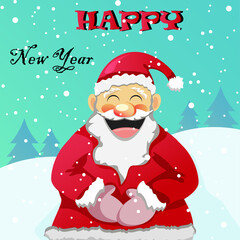Flat vector Illustration of Santa with text happy new year. Snow, christmas trees, laughing Santa Claus. This  illustration  brings christmas mood and atmosphere of celebration.  