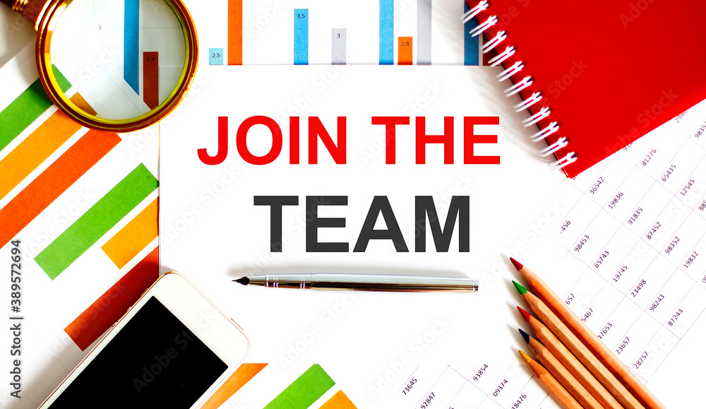 Poster text join the team on notepad with office tools, pen on financial report