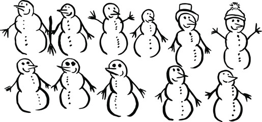 Various funny snowmen. snowmen in different clothes with carrot noses. 