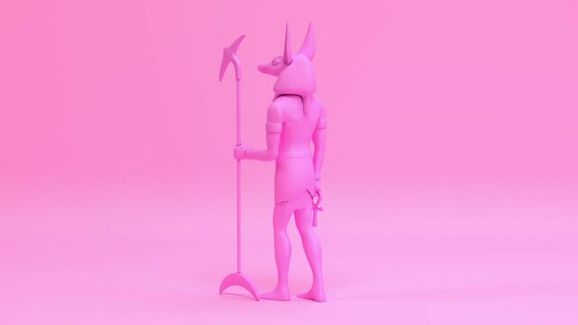 Pink rotating egyptian god of death anubis statue seamless looping animated background, mythological ancient sculpture from egypt with dog head 3d render hd 1080p video
