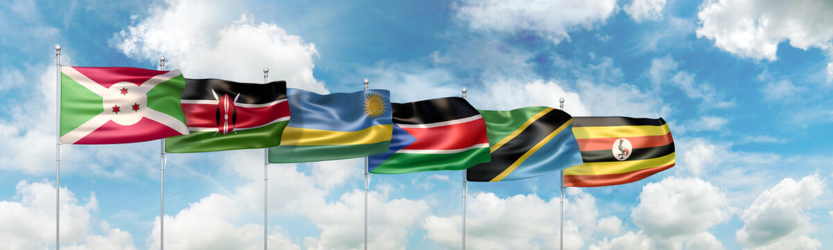 3D Illustration with national flags of the six partner states of The East African Community (or EAC) regional intergovernmental organization