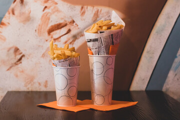 Double pack of Fresh Fresh French fries, deep fried Homemade Baked potato chips. Typical dutch...