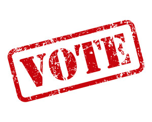 Vote rubber stamp with grunge texture. Red ink seal label sign. Text sticker icon. Election voting tag logo symbol. Vector illustration image. Isolated on white background. 