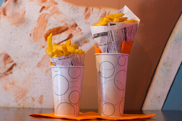 Double pack of Fresh Fresh French fries, deep fried Homemade Baked potato chips. Typical dutch...