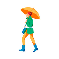 Woman walking under umbrella in rainy day. Autumn or spring weather season, rainy day. Female person spending time on nature flat vector illustration