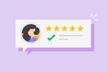 Customer reviews online testimonials and feedback vector bubble icon flat cartoon illustration, happy client person evaluation comment messages with good rating five stars design element