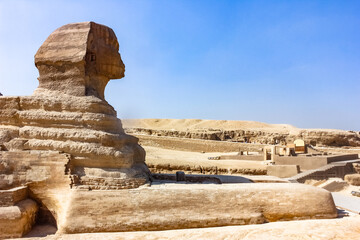 Egypt, Giza, Sphinx statue in the desert of ancient Cairo.
