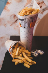 Double pack of Fresh Fresh French fries, deep fried Homemade Baked potato chips. Typical dutch...
