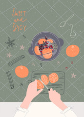 Woman making hot winter tea with fruits and berries. Home recipes. Vector template for design of postcard, print, cover and other users