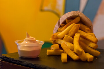French fries with sauce, deep fried Homemade Baked potato chips fresh mayo