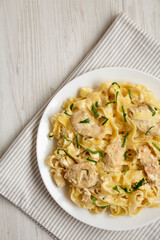 Homemade Chicken Fettuccine Alfredo on a white plate on a white wooden table, top view. Flat lay, overhead, from above. Copy space.