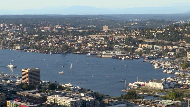 Aerial view of float plane taking off from Lake Union, Seattle, Washington, USA
