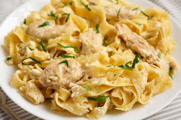Homemade Chicken Fettuccine Alfredo on a white plate, side view. Close-up.